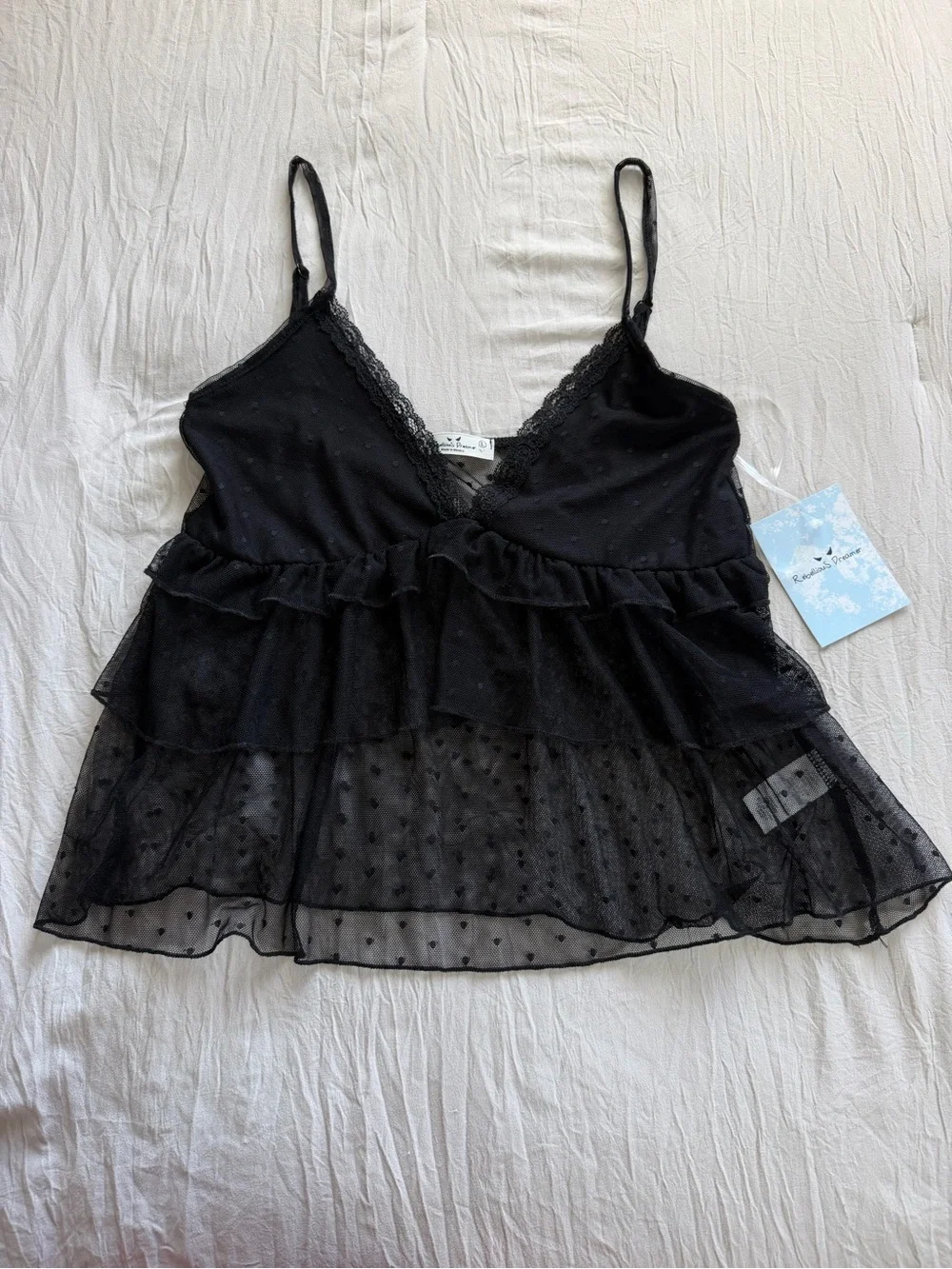 Rebellious Rose Black Ruffled Sheer Polka-Dot Camisole